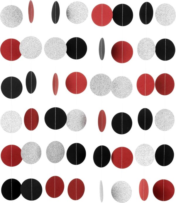 Red, Black & Silver Glitter Circle Garland – 20ft Party Banner Decoration