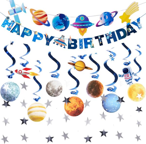 Outer Space Party Decorations Set – 2 Banners, 10 Planet Streamers & Star Garlands