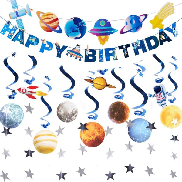 Outer Space Party Decorations Set – 2 Banners, 10 Planet Streamers & Star Garlands