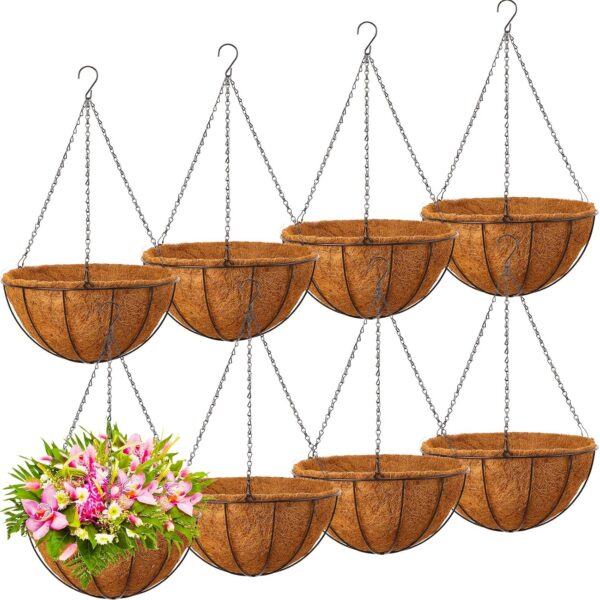 8-Pack 14" Metal Hanging Planters with Coconut Coir Liners & Chains