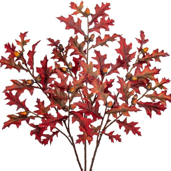 3-Pcs 30" Red Fall Oak Stems with Acorns for Autumn Decor, Centerpieces & Vases