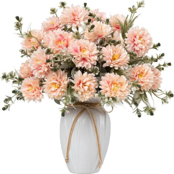 Silk Flower Bouquet with Vase - Chrysanthemum Ball for Home & Wedding Centerpieces (Champagne Pink)
