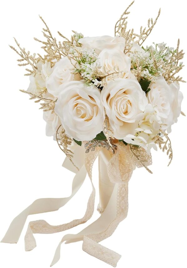 8.66-Inch White & Champagne Bridal Bouquet - Artificial Roses Wedding Decor