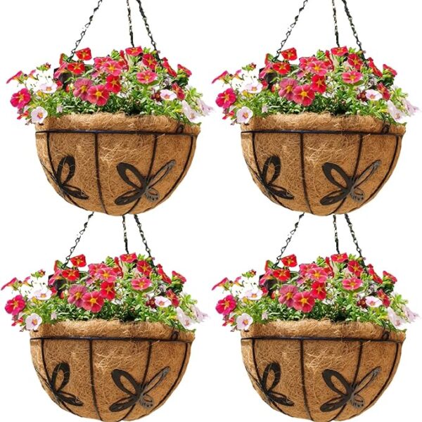 4-Pack 14" Outdoor Metal Hanging Baskets with Coco Fiber Liners (Butterfly)