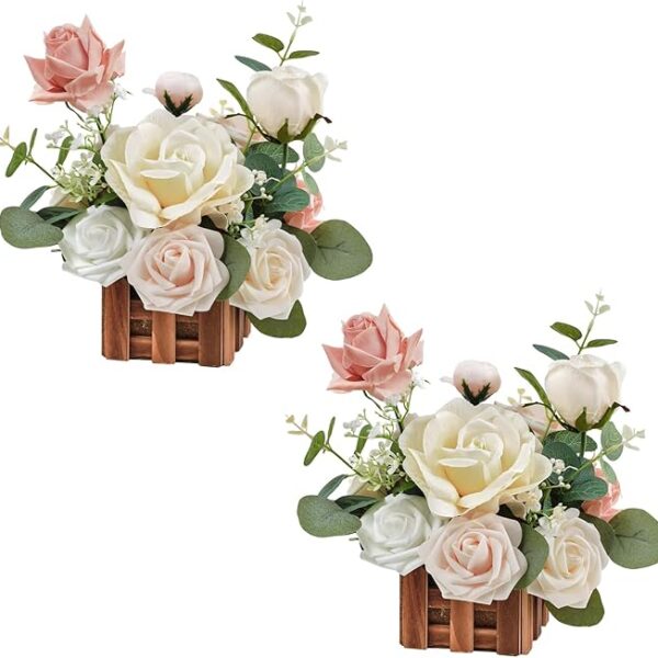 Set of 2 Floral Basket Centerpieces with Artificial Flowers for Wedding & Home Decor (Dusty Rose & Champagne)