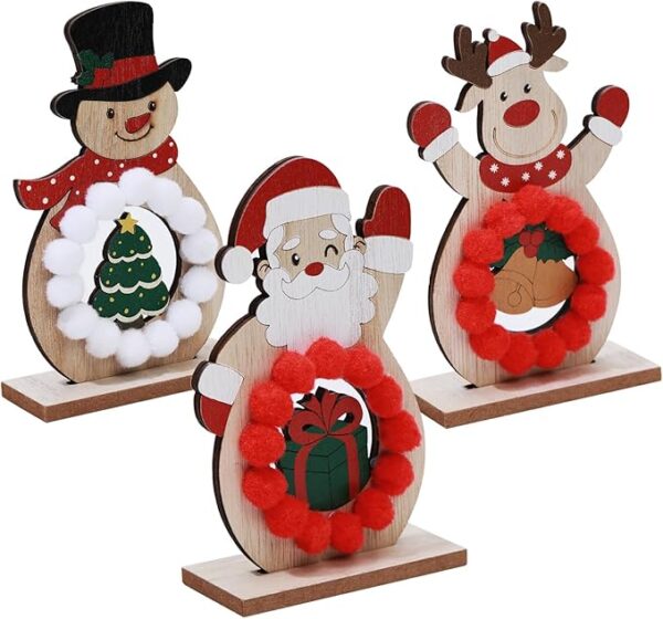 Set of 3 Rustic Wooden Christmas Table Decorations with Santa, Reindeer & Snowman (Pom Poms)