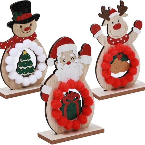 Set of 3 Rustic Wooden Christmas Table Decorations with Santa, Reindeer & Snowman (Pom Poms)