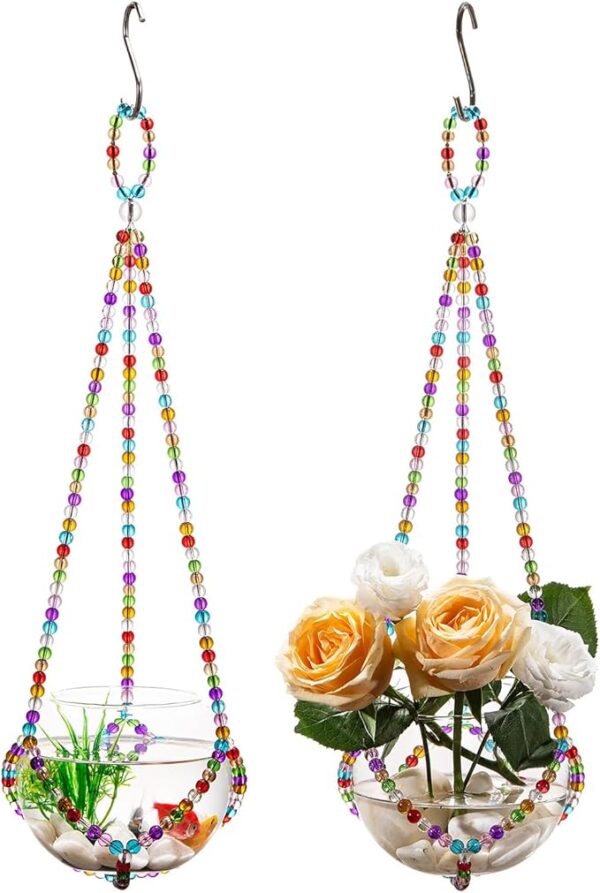 2-Pack Handmade Glass Beaded Hanging Planters for Indoor Plants - 5.1inch, Clear Glass Terrarium
