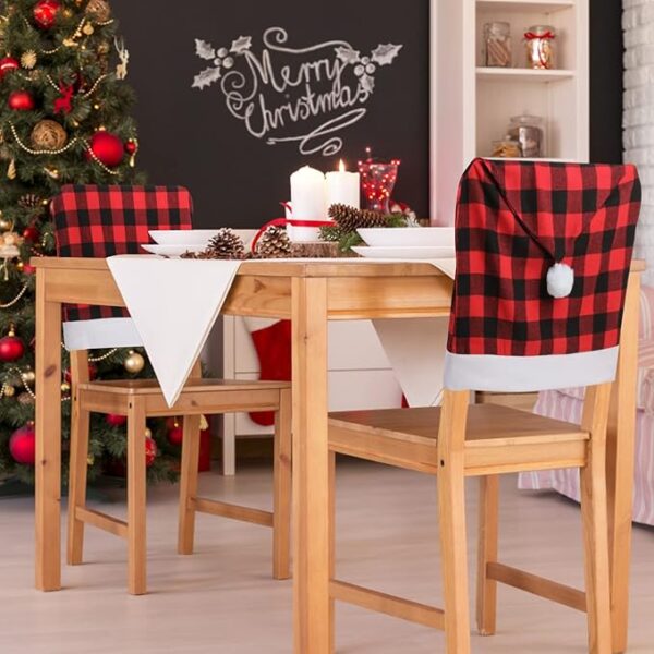 6-Piece Christmas Chair Back Covers, Black & Red Buffalo Plaid Slipcovers for Dining Room Decor