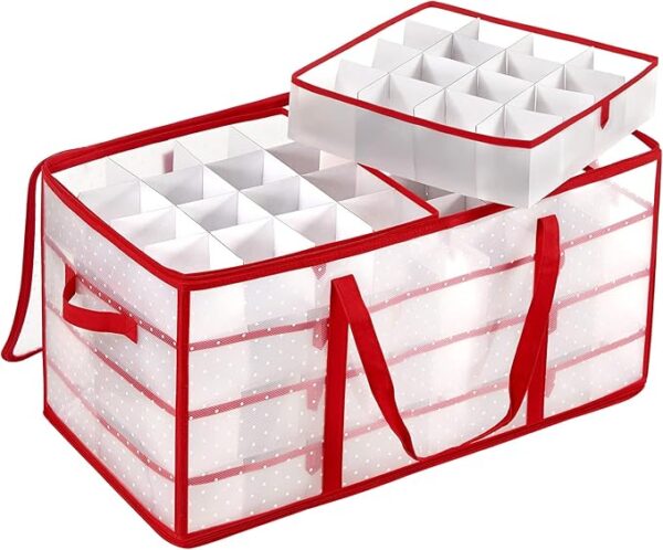 Large Christmas Ornament Storage Box, 128 Slot Capacity for 3-Inch Balls, Red with Zippers & Handles