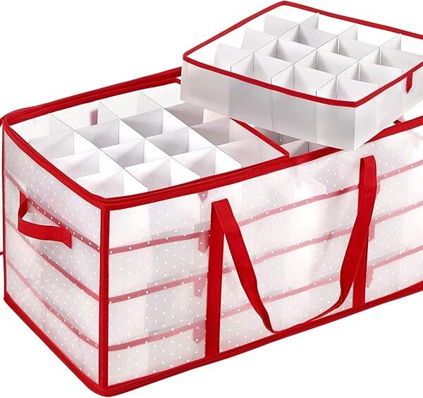 Large Christmas Ornament Storage Box, 128 Slot Capacity for 3-Inch Balls, Red with Zippers & Handles