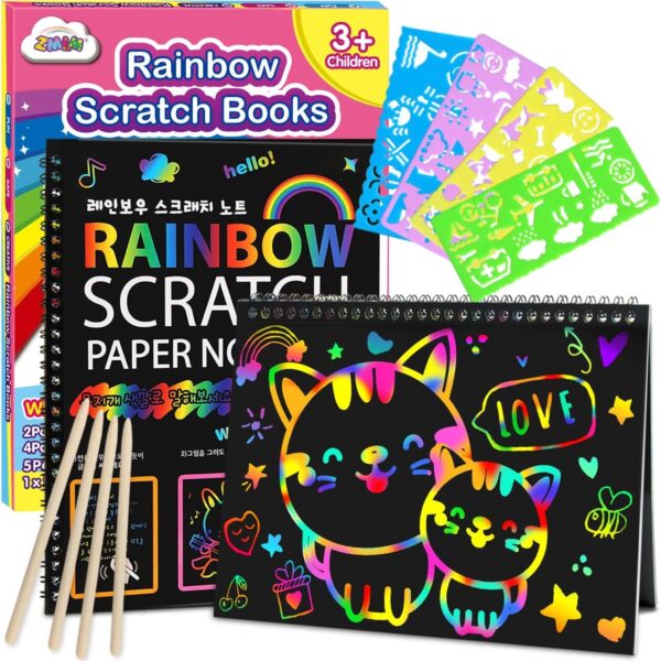 Scratch Paper Art Kit - 2 Pack Rainbow Notebooks, Easter Basket Stuffers for Kids Ages 3-10, Creative Craft Gift (Pink)
