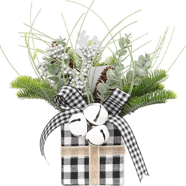 Small Winter Buffalo Check Plaid Christmas Tree, Mini Tabletop Decor with Bells (Black/White)
