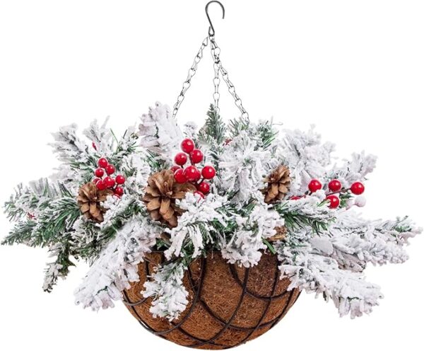 22" Artificial Snow Flocked Christmas Hanging Basket with Pine Cones, Berries & Battery-Powered Lights