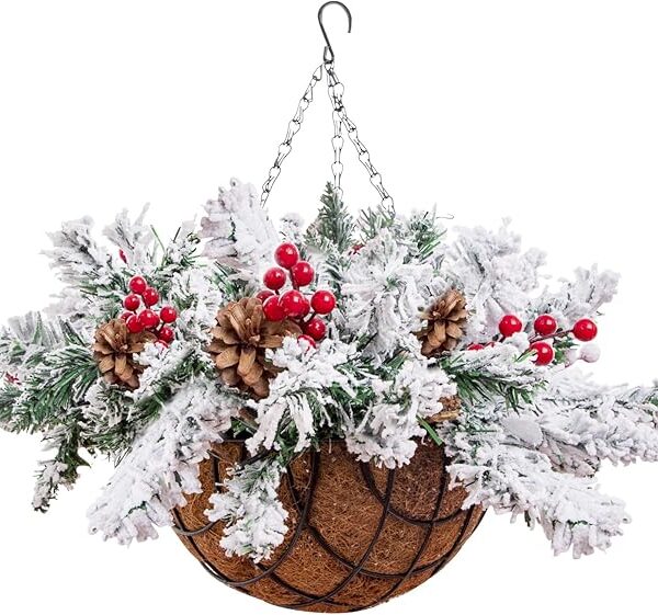 22" Artificial Snow Flocked Christmas Hanging Basket with Pine Cones, Berries & Battery-Powered Lights