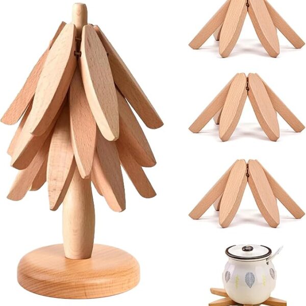 Wooden Christmas Tree Trivets, Set of 3 Coasters with Stand for Hot Dishes (Beech Wood)