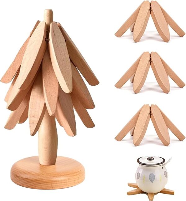 Wooden Christmas Tree Trivets, Set of 3 Coasters with Stand for Hot Dishes (Beech Wood)