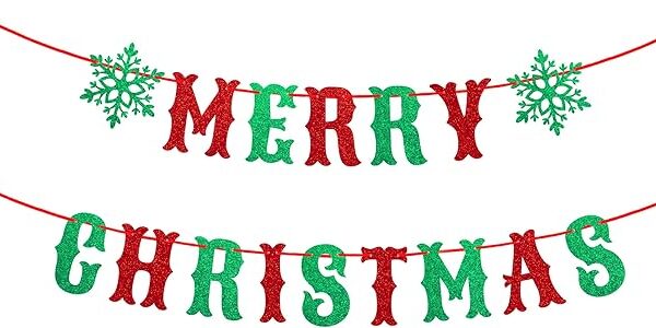 Merry Christmas Banner, Green & Red Snowflake Garland for Indoor/Outdoor Holiday Decor