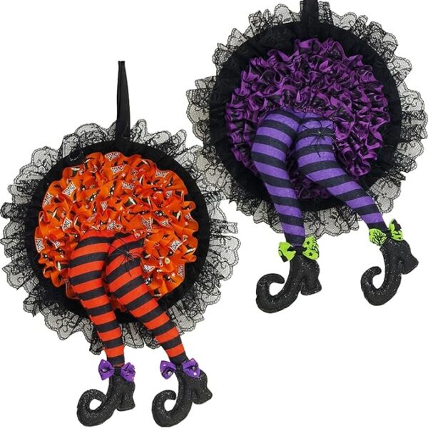 2-Pack 16" Halloween Wreaths with Witch Legs, Orange & Purple Door Ornaments for Indoor Decor