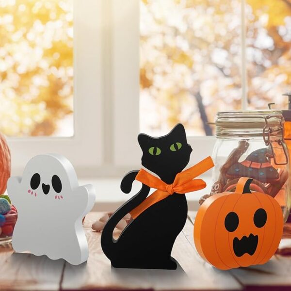 3-Piece Halloween Wooden Table Signs, Ghost, Black Cat & Pumpkin Tiered Tray Decor for Home & Office
