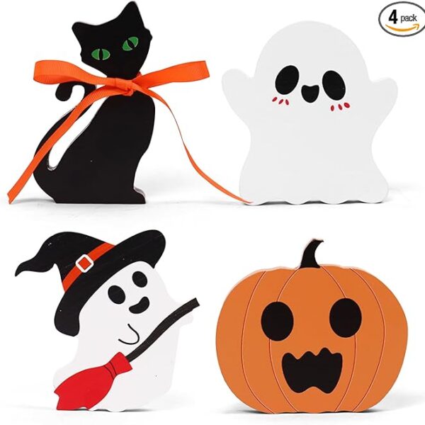 4-Piece Cute Halloween Wooden Signs, Ghost, Pumpkin & Cat Blocks for Tiered Tray & Shelf Decor