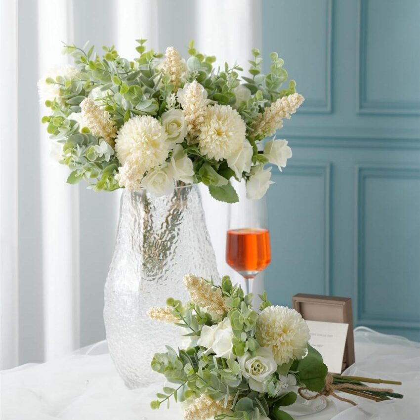 3Pcs White Rose & Eucalyptus Artificial Flower Bouquets for Decor