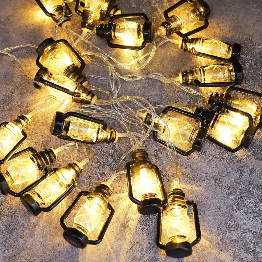 20-LED Black Lantern String Lights – Mini Kerosene Lamps for Indoor/Outdoor Holiday & Party Decor