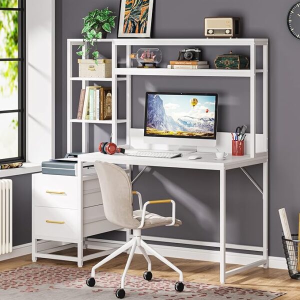 Tribesigns 55" Computer Desk with Drawers & Storage – Rustic Office Desk with Hutch (White)