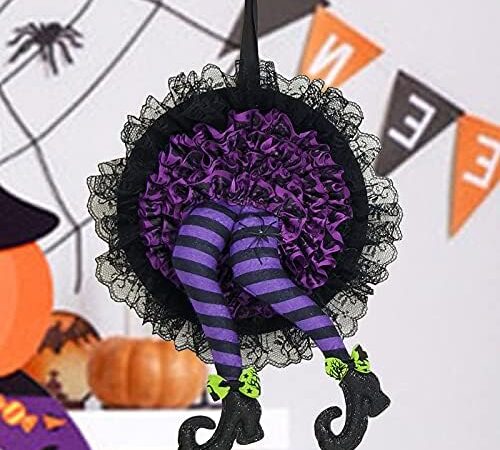 2-Pack 16" Halloween Wreaths with Witch Legs, Orange & Purple Door Ornaments for Indoor Decor