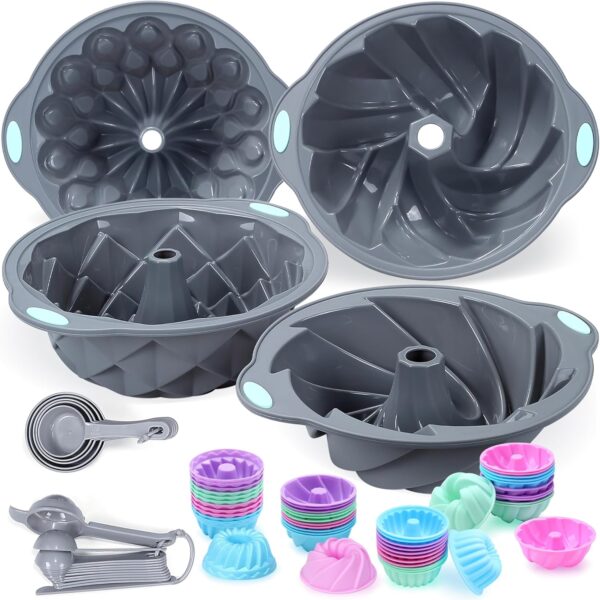 69-Piece Silicone Fluted Cake Pan Set – 6/7/8 Cup Tube Molds, Non-Stick Baking Cups (Grey)