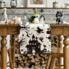 2-Piece Black & White Halloween Table Runner Set, Spooky Haunted House & Witch Design for Dining & Party Decor (13x72") - Image 2