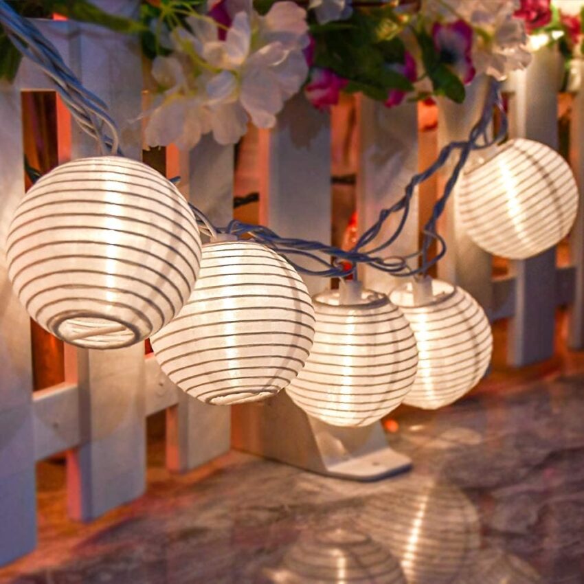 8.5ft White Lantern String Lights – Plug-In, 10 Nylon Lanterns for Indoor/Outdoor Bedroom & Patio Decor