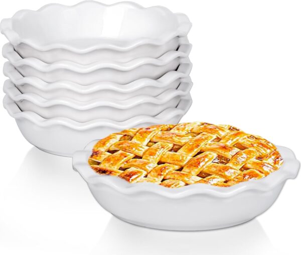 Set of 6 Mini Ceramic Pie Pans – 6.5" 12oz Ramekins for Pot Pie, Quiche & Fruit Pies (White)