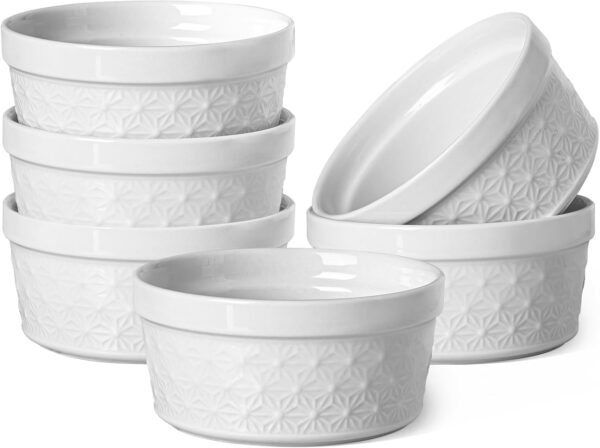 8 oz Ceramic Ramekins – Set of 6 Oven-Safe Soufflé Dishes for Dessert, Custard & More (White Snowflake)