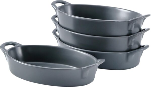 Set of 4 Oval Ceramic Pie Pans – 8"x5" Deep Au Gratin Dishes with Handles, Oven Safe (Gray)
