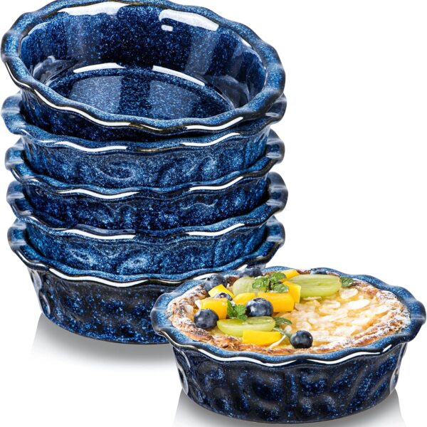 Set of 6 Small Ceramic Pie Pans – 5.5" Deep Dish Mini Baking Plates for Dessert & More (Blue)