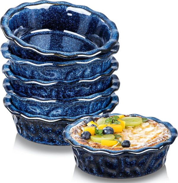 Set of 6 Small Ceramic Pie Pans – 5.5" Deep Dish Mini Baking Plates for Dessert & More (Blue)