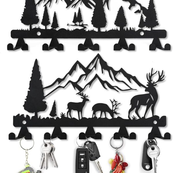 2 Pack Wall Mount Key Hooks – Metal Coat Rack with 10 Hooks (Deer & Tree Designs)