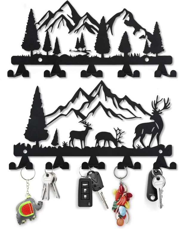 2 Pack Wall Mount Key Hooks – Metal Coat Rack with 10 Hooks (Deer & Tree Designs)