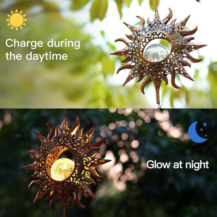 Solar Wind Chimes with LED Crackle Glass – Waterproof Outdoor Chimes, 42" Metal, Gift for Her/Him
