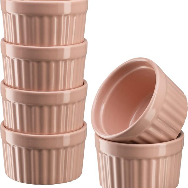 Set of 6 Pink Ramekins – 10 oz Porcelain Soufflé Dishes, Oven Safe for Baking Desserts & Soup