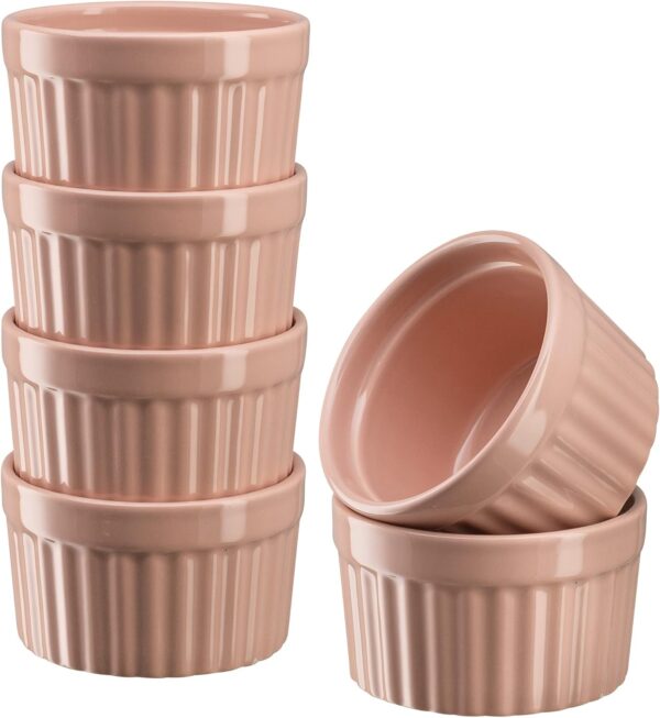 Set of 6 Pink Ramekins – 10 oz Porcelain Soufflé Dishes, Oven Safe for Baking Desserts & Soup
