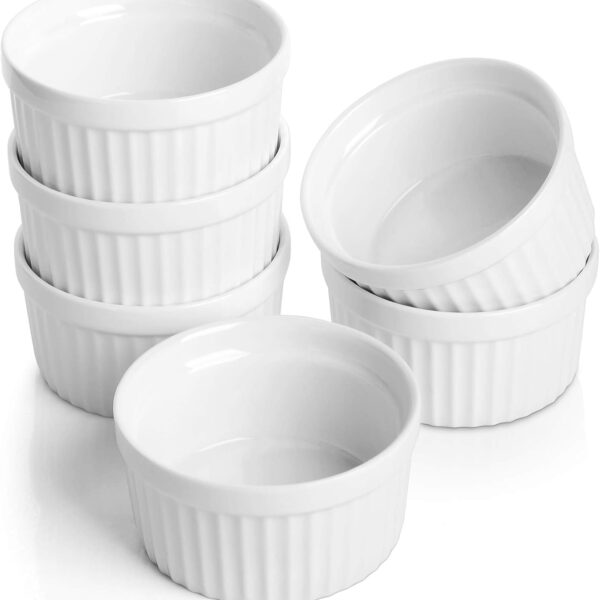 Set of 6 White Porcelain Ramekins – 4 oz Oven Safe Soufflé Dishes for Crème Brûlée & Sauces