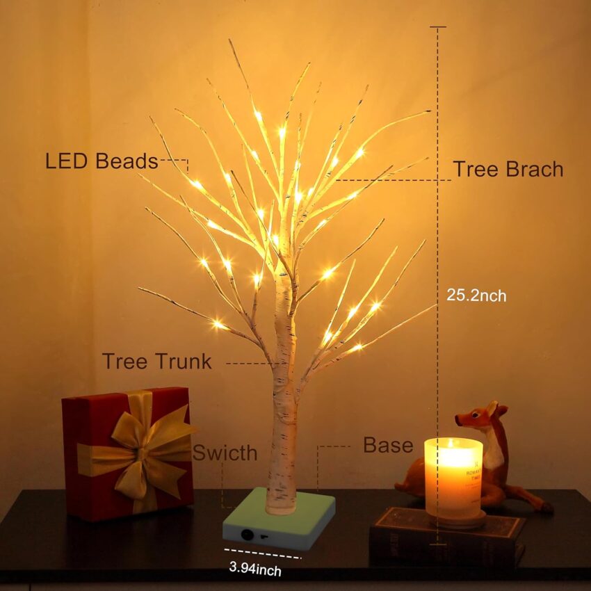 Set of 2 Warm White Birch LED Fairy Light Trees, Battery/USB Powered, 24 LEDs for Home & Event Decor
