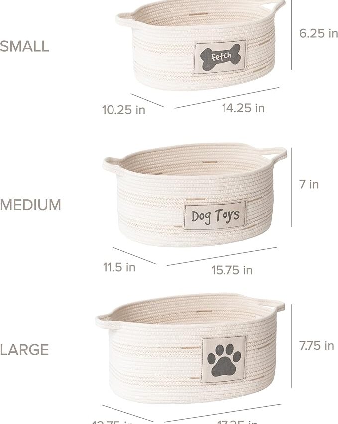 Set of 3 RGI Home Dog Toy Storage Baskets, Oval Fabric Rope Organizer Bins for Pets & Household (Charcoal Gray on Ivory)