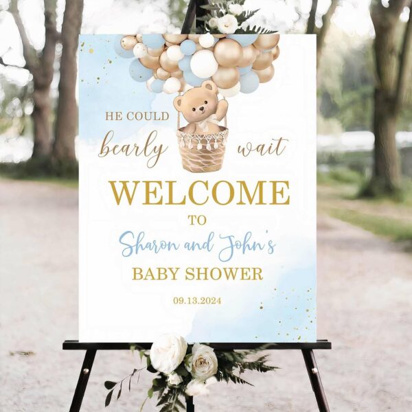 Personalized Bear Balloon Baby Shower Welcome Sign – Blue & Brown for Party Yard Decor