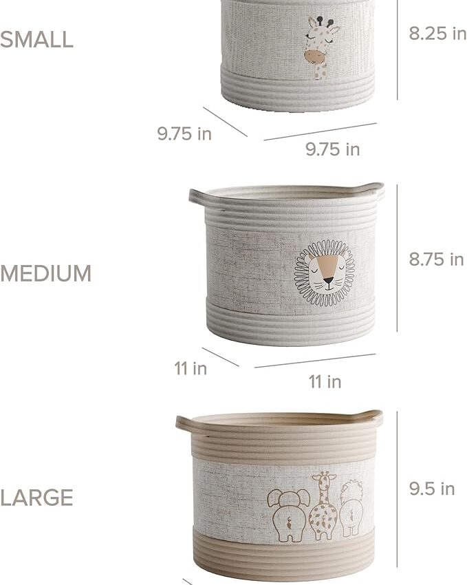 Set of 3 RGI Home Decorative Storage Baskets with Safari Animal Prints, Fabric Rope & Linen Bins for Nursery/Playroom (Ivory, Tan, Linen)