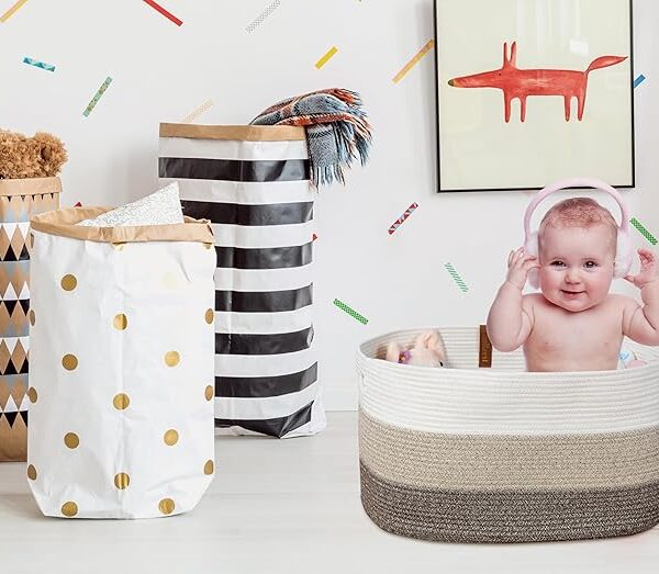 Large Blanket Basket - 22"x17"x12" Woven Cotton Rope Storage Basket with Handles for Nursery, Living Room & Toys (Gradient Yellow)