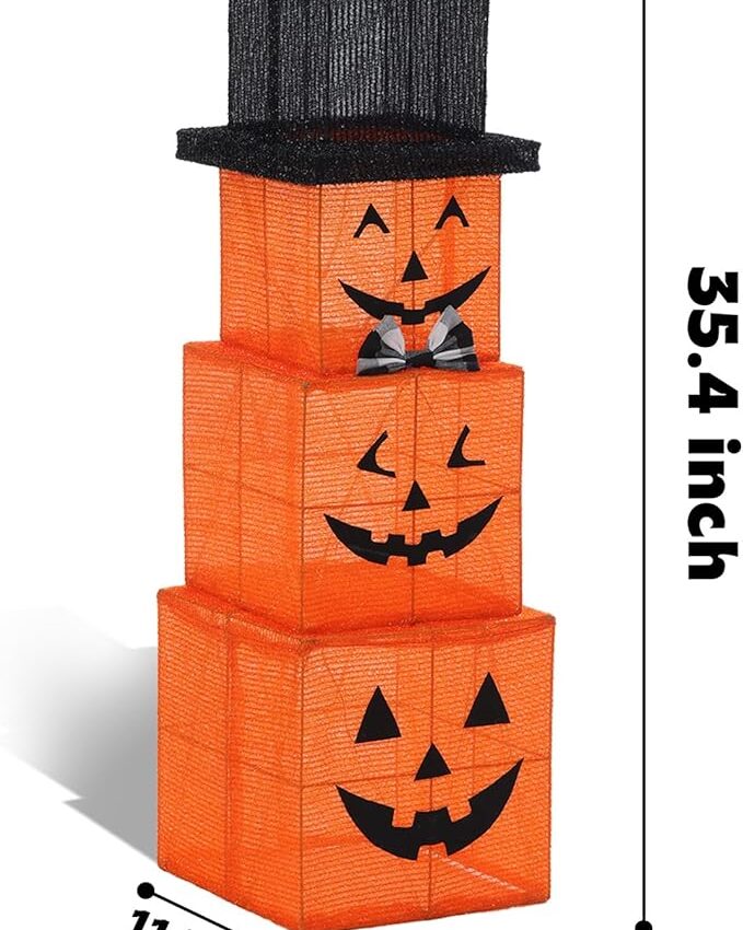 3ft Halloween Stacked Pumpkins with 75 LEDs, Pre-Lit Halloween Decoration for Indoor/Outdoor, Garden & Courtyard