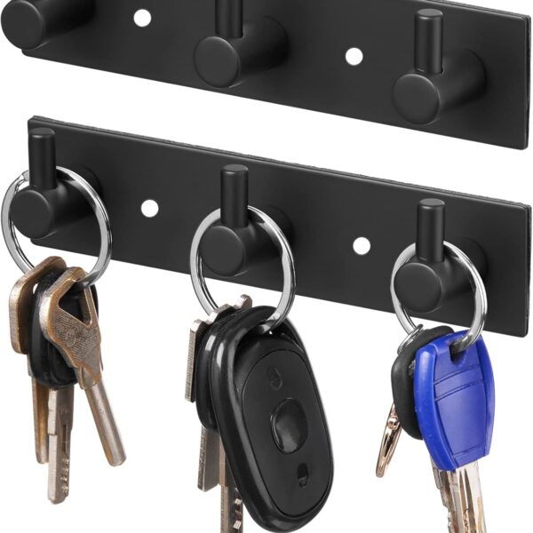 2-Pack Stainless Steel Wall Key Holders – 3 Hooks, Black